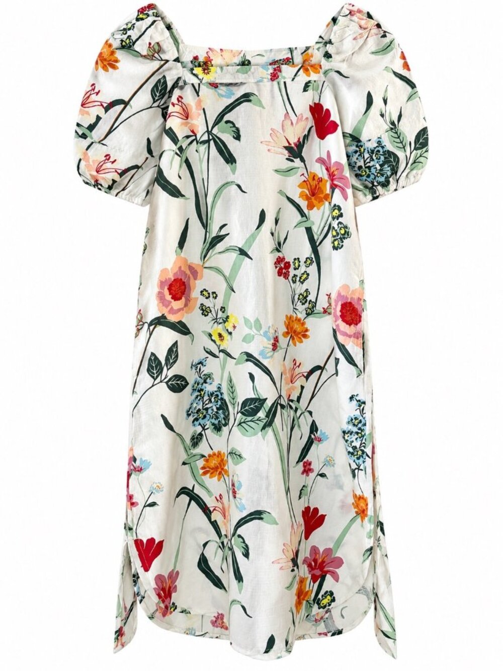 Loft White Floral Puff Sleeve Petite Dress 0P Linen Blend Square Neckline New Wi